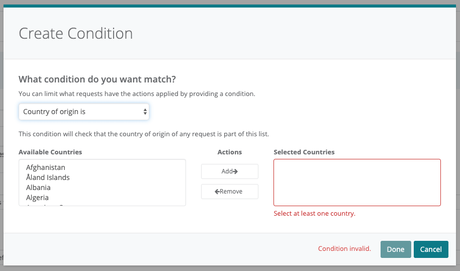 Webscale Create Condition dialog showing country selection