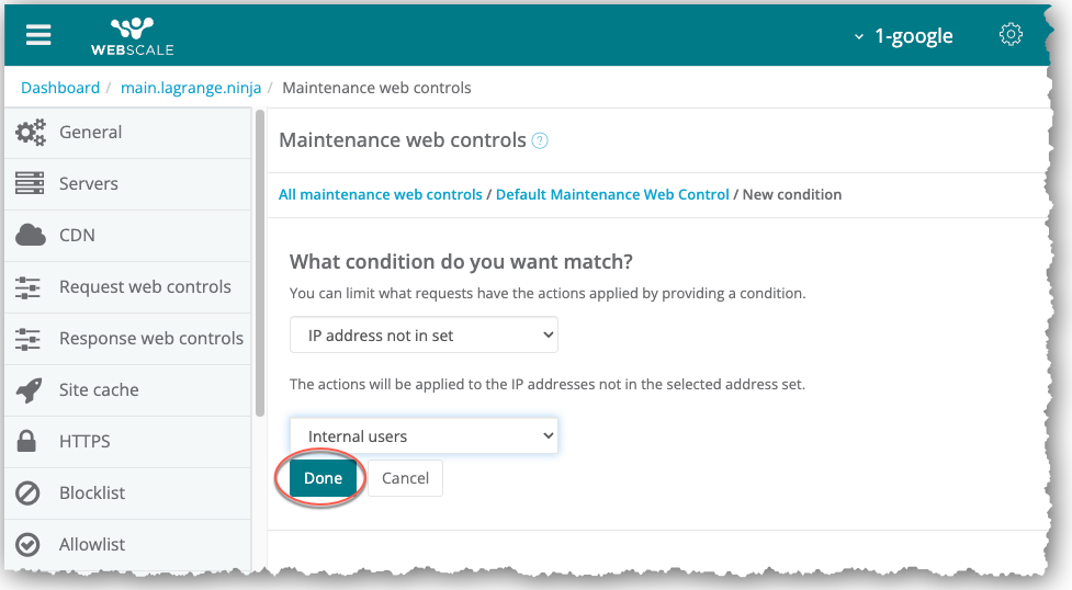 Add maintenance Web Control condition