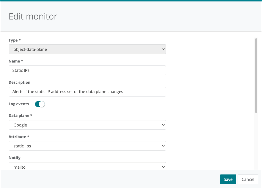 Edit data plane monitor dialog box