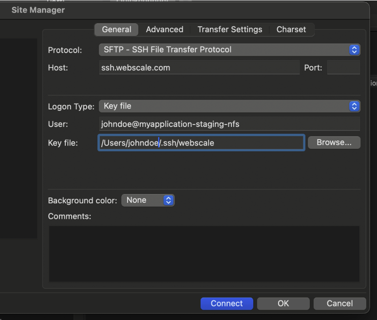 FileZilla Site Manager connection settings