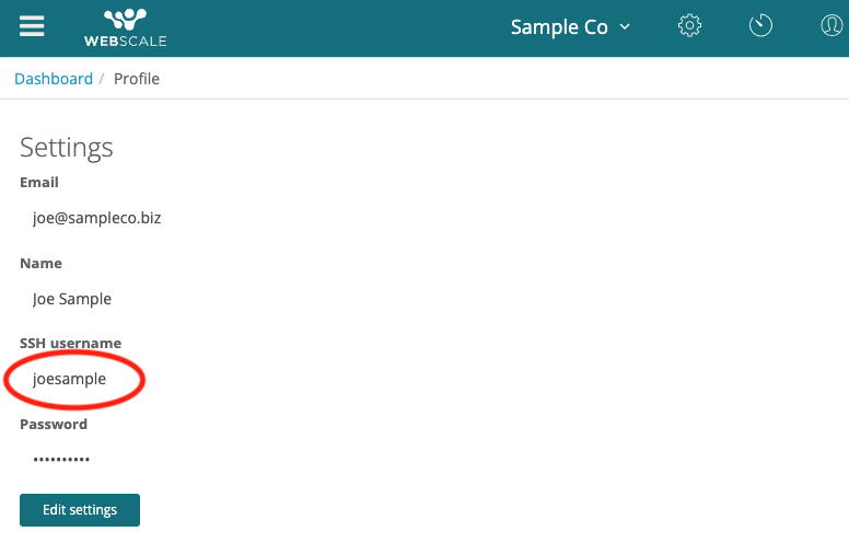 Settings panel showing SSH username