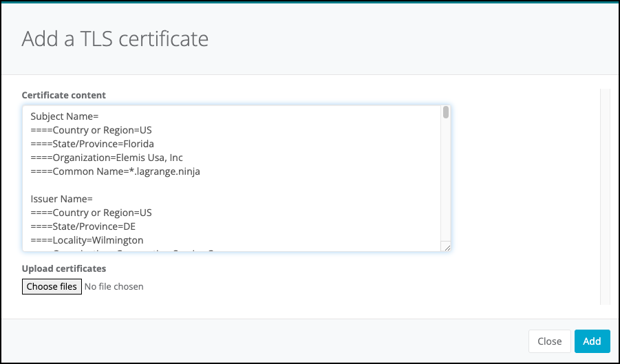 Enter or upload certificate, chain, and key