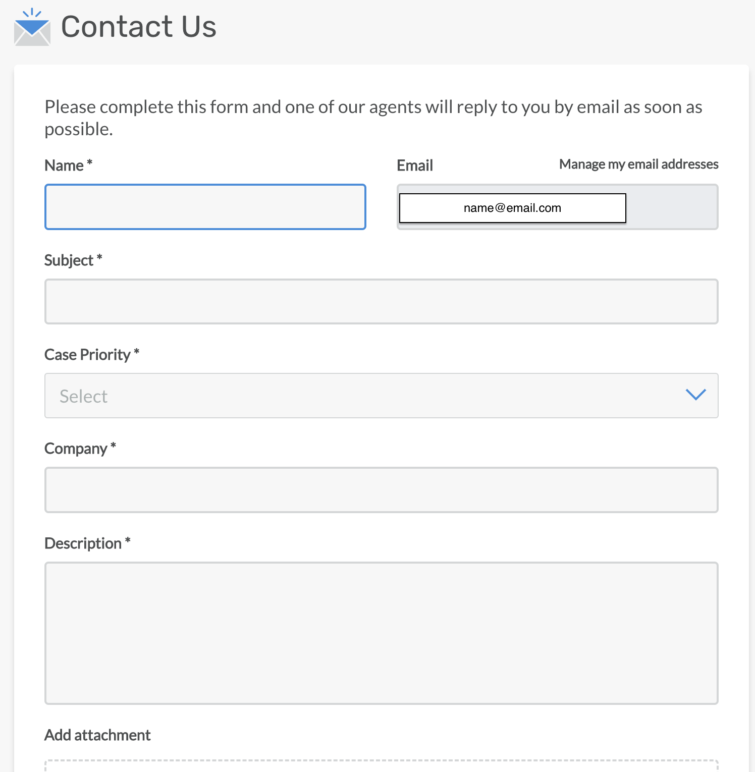 Support portal 'Contact Us' form