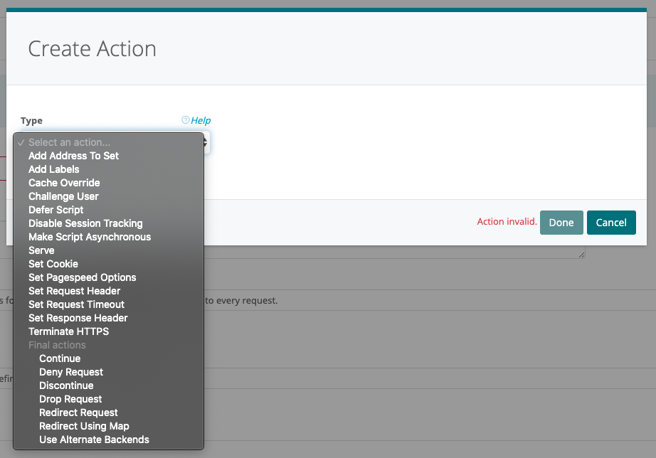 Webscale Create Action dialog in the control panel