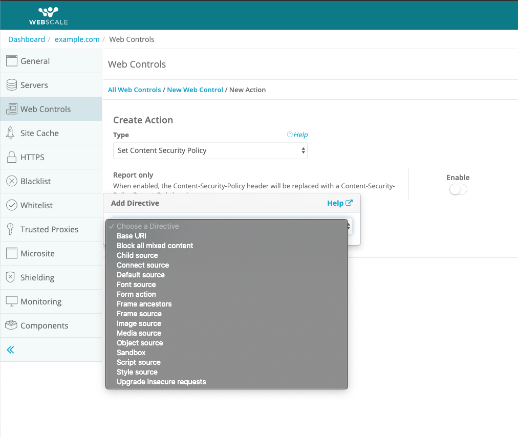 Webscale Create Action dialog in the control panel showing Content Security Policy