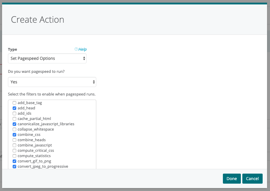 Webscale Create Action dialog in the control panel showing Set Pagespeed Options