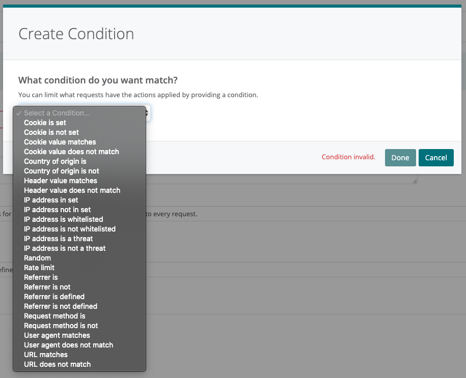 Webscale Create Condition dialog in the control panel