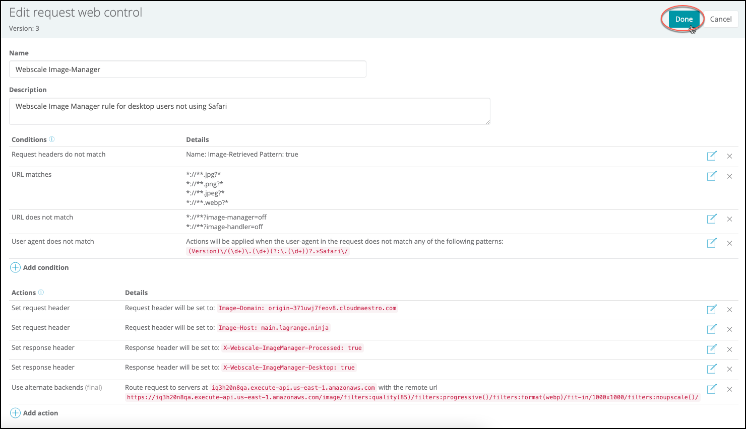 Click Done when finishing modifying Web Control