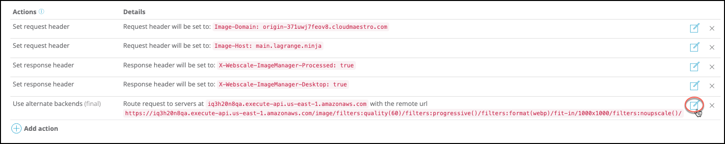 Click Edit icon for the Use alternate backends action