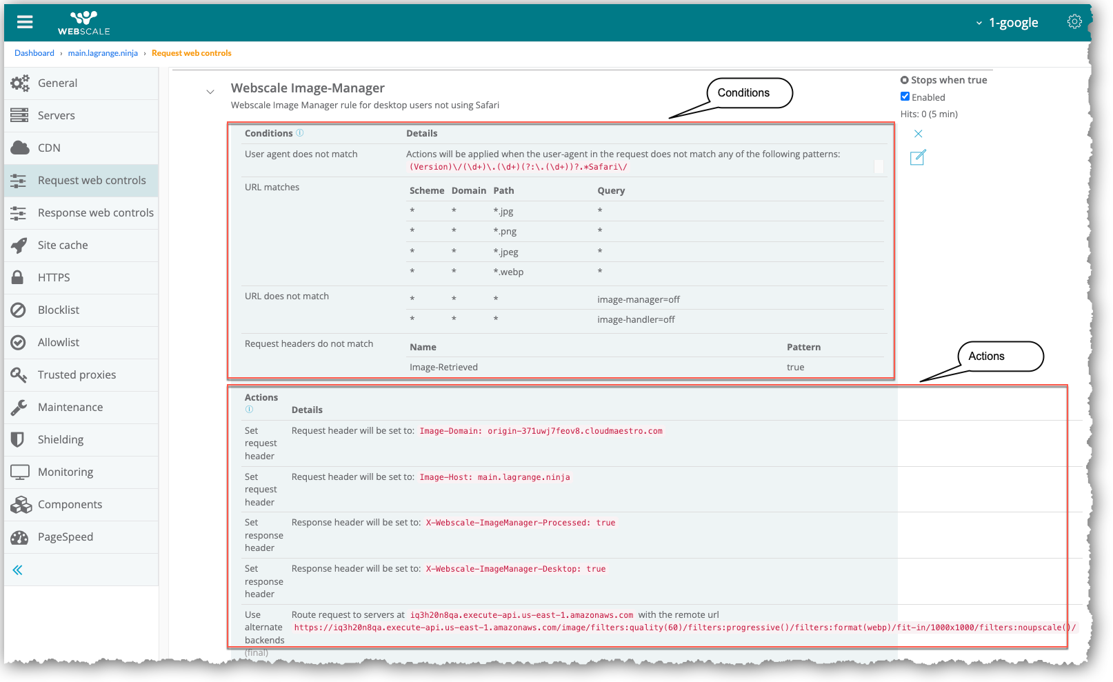 Image Manager desktop Web Control with condition and actions sections called out